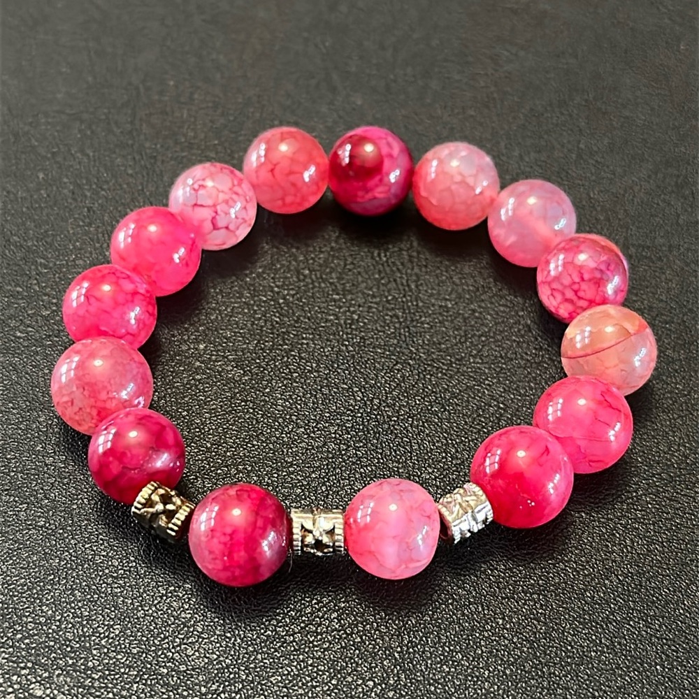 Pink Dyed Quartz 6.25” Stretch Bracelet Silver-Tone Spacers